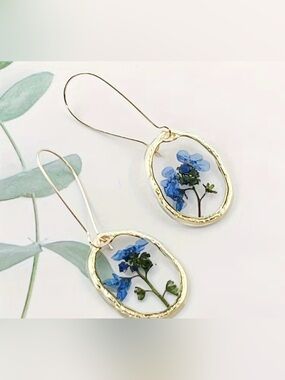Gold Drop Earrings with Blue Pressed Flowers